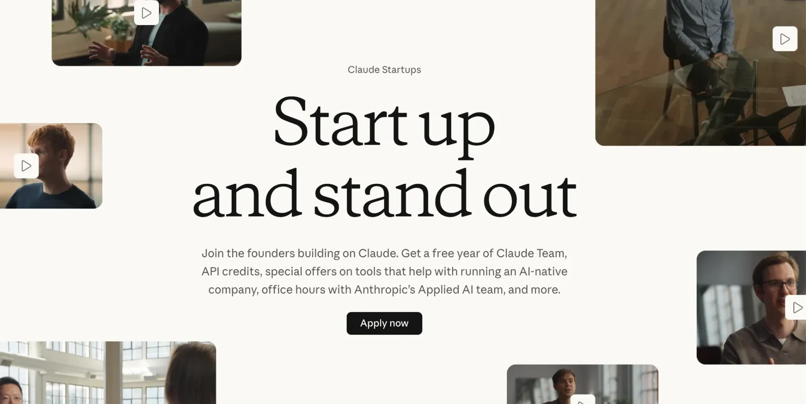 Die Landingpage von Claude Startups mit der Überschrift „Start up and stand out“ und dem Button „Apply now“ zwischen Videostandbildern von Gründern