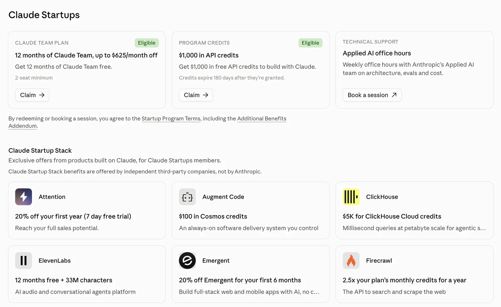 Die Leistungen von Claude Startups in der Claude Console: der Tarif Claude Team, 1.000 US-Dollar Guthaben, Sprechstunden mit dem Applied-AI-Team und die ersten Partnerangebote des Claude Startup Stack